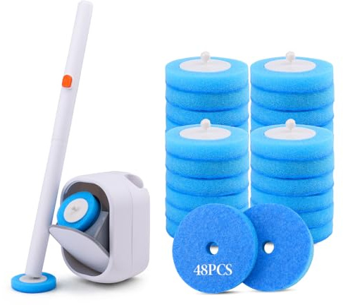 Escobillas de Baño Desechable, con Cabezal de un Solo Uso para Limpieza de WC y Paredes cercanas, Toilet Brush para Limpieza de baños y inodoros, Incluye 48 recambios y Mango Alargado