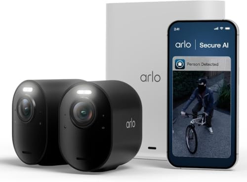 Arlo Ultra 3 Telecamera WiFi Esterno Senza Fili 4K UHD, riconoscimento AI, visione notturna a colori, audio bidirezionale, compatibile con Alexa, prova Arlo Secure, 2 Telecamere + Smarthub, Nere