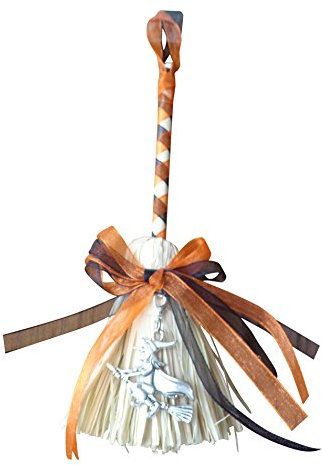 Dunns-jewels Halloween Orange and Black Ribbon Besom Broom With Flying Witch Charm