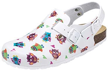 CLINIC DRESS Clog - Clogs Damen bunt weiß Motiv. Schuhe für Krankenschwestern, Ärzte oder Pflegekräfte bunt, Eule, 39