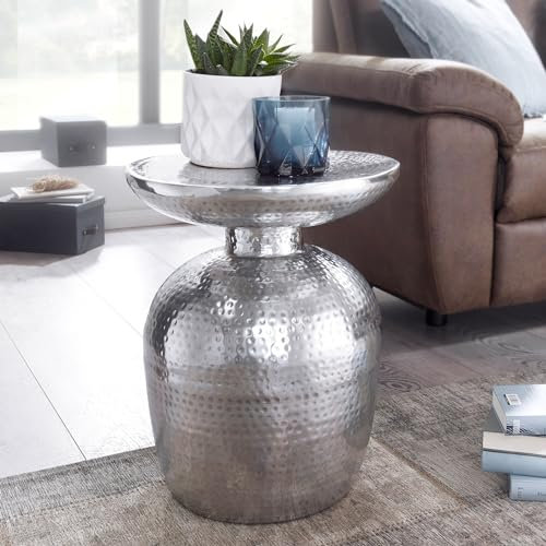 FineBuy Design Beistelltisch 36,5 x 46 x 36,5 cm Aluminium Dekotisch orientalisch rund, Designer Ablagetisch Metall modern, Anstelltisch schmal, Kleiner Hammerschlag Abstelltisch