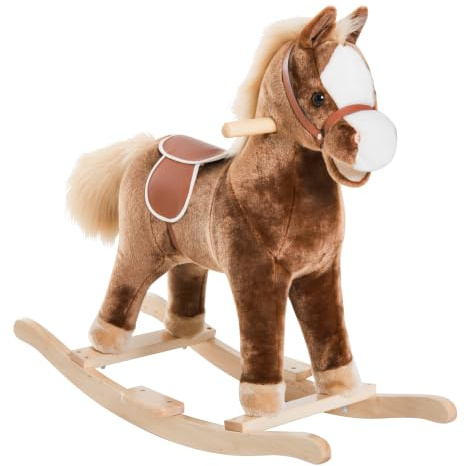 HOMCOM Kids Children Plush Rocking Horse Wooden Base for Age 3+ Brown