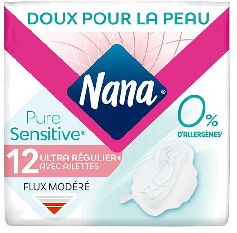 Nana PureSensitive Serviettes Hygiéniques Ultra Régulier Plus - Flux Modéré - 0 % Allergène*, Parfum, Colorant - 12 Serviettes avec Ailettes