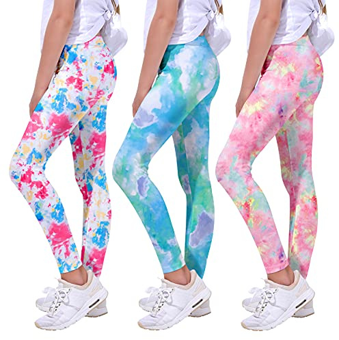 Quedoris Girls 3-Pack Printed Leggings Tie Dye Fuchsia Green Purple Pink 130Y