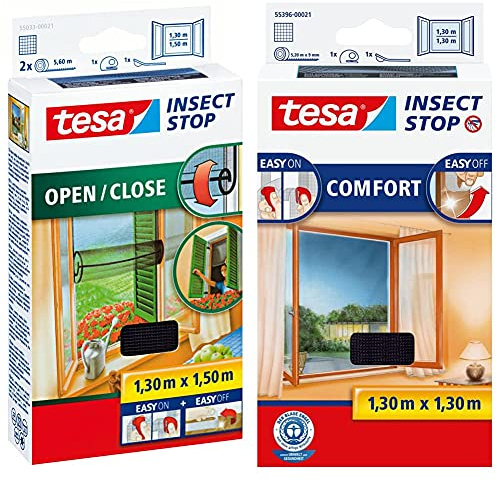 tesa Insect Stop COMFORT Open/Close Fliegengitter Fenster zum Öffnen und Schließen, 130 cm x 150 cm & Insect Stop COMFORT Fliegengitter für Fenster, 130 cm x 130 cm