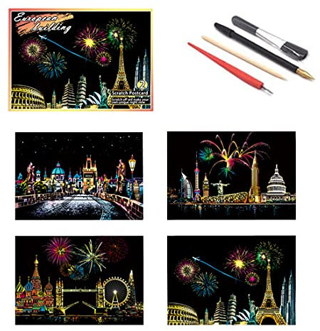 5 Stück Kunstpapier zum Kratzen, Kratzen, Malen, Regenbogenfarben, Nachtsicht, Stadt, Welt, DIY, mit 4 Werkzeugen, Postkarte, Geschenk für Kinder, Geburtstag, Weihnachten (D)