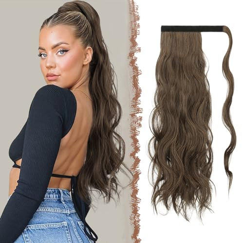 FESHFEN Zopf Pferdeschwanz Haare Extensions Lang Wellig Lockig Clip in Ponytail Synthetik Haarzopf Haarverlängerung Haarteil für Damen, Dunkelbraun & Karamell 60 cm