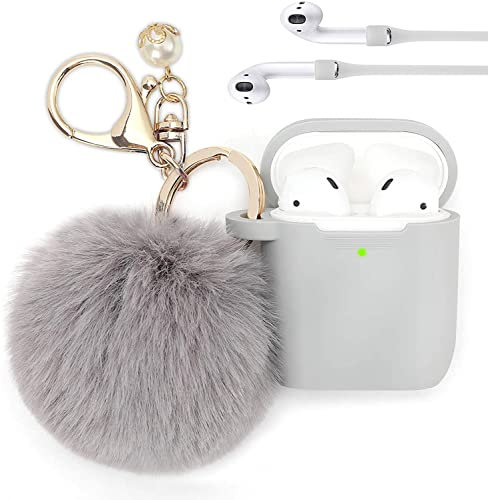 Airpod 2/1 Gen Case Cover PERSONALLY YOURZ Airpod 1st, 2nd Generation Case Silicone Protective Case Cover 【Support Wireless Charging, Front LED Visible】 Keyring & Soft Fluffy Pompom – LIGHT GREY
