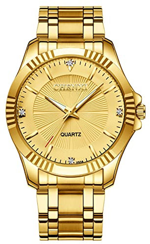 JewelryWe Herrenuhr Quarz Analog Partner Armbanduhr Business Casual Edelstahl Armband Herren Uhr mit Beleuchtenden Zeiger und goldem Zifferblatt, Geschenk für Männer Junge, Gold