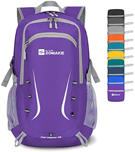 ZOMAKE Faltbarer Rucksack 35L,Groß Leichter Rucksäcke Wasserdicht Wanderrucksack Packable Backpack für Damen Herren Outdoor Wandern(Lila)