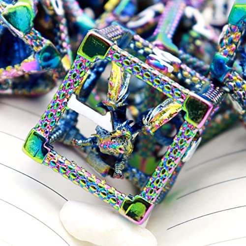Haxtec Hohl Metall DND Würfel Set 7PCs Fliegender Drachen Regenbogen D&D Würfel Set mit Leder Würfel Tasche für Dungeons und Drachen TTRPG Geschenk