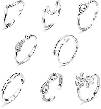 8 Pcs Adjustable Open Rings Set,Open Stackable Finger Joint Thumb Ring Adjustable Finger Rings Toe Ring Beach Jewelry Ring for Women Solid Sterling Silver Thumb Ring Resizable Rings for Girls Women