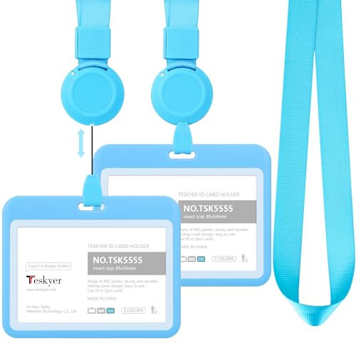 Teskyer 2 Pièces Porte Badge Tour de Cou, Porte Badge Enrouleur, Rigide, Horizontal, Lanière Rétractable, 1 Carte, pour Bureau, Affaires, Laissez-passer de Bus, Bleu Clair