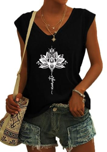 Eniloyal Tshirt Damen V Ausschnitt Sommer T-Shirt Oberteile Baumwolle Locker Shirt Elegant Vintage Graphic Kurzarm Bedrucken T Shirts Sexy Tops Schwarz