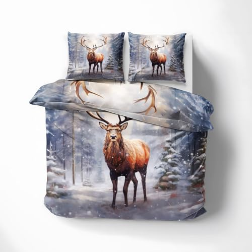 GEDAEUBA Winter Bettwäsche 135x200 Hirsch - Waldtiere Bettbezug 135 x 200 2er Set, Wendebettwäsche und Kissenbezug 80x80, Weiche & Angenehme & Warme Mikrofaser Bettwäsche-Sets mit Reißverschluss