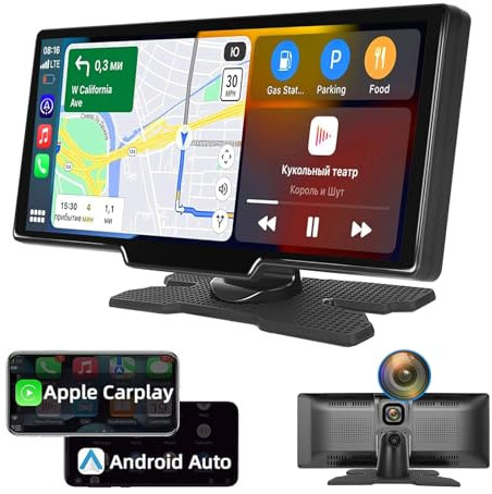 Schermo portatile per auto senza fili Android Auto Carplay - Autoradio schermo per auto da 9,3 pollici con telecamera incorporata - controllo vocale FM Bluetooth + telecamera anteriore