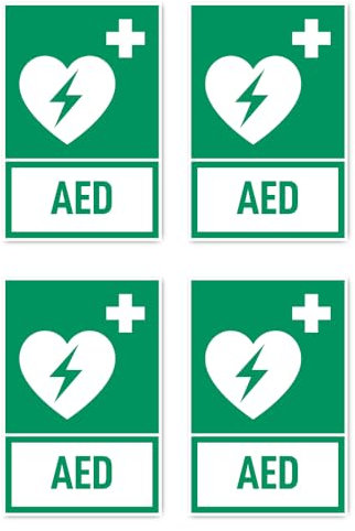 Aufkleber: 150x100 mm, 4 Stück - Automatisierter Externer Defibrillator (AED) - Rettungszeichen mit Text (deutsch) (grün/weiß) - hochkant - E010 - DIN EN ISO 7010 / ASR A1.3