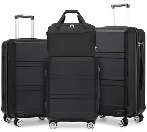 KONO Koffer-Set, 4-teilig, Handgepäck, mittelgroßer, großer Koffer, Hartschale, Leichter Trolley mit TSA-Schloss, Reisegepäck mit Ryanair Handkabinentasche, Schwarz, Gepäcksets
