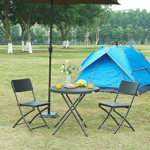 [en.casa] Klapptisch Mark Gartentisch Campingtisch klappbar 80 x 74 cm rund Picknicktisch Outdoor Rattanoptik, Schwarz
