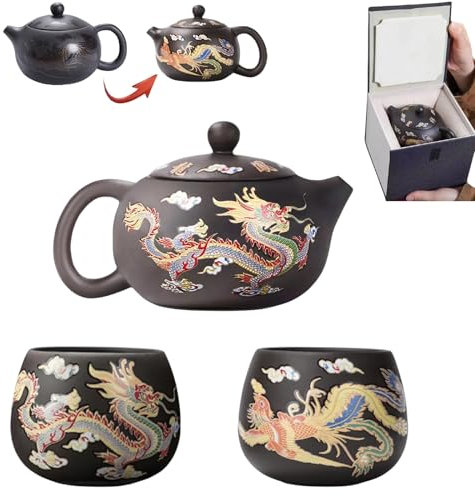 Generic 2024 Neue handgefertigte Teekanne mit Drachen und Phönix, farbwechselnd, Violett, Ton, Zisha-Teeset, Wasserkocher, Kung-Fu-Teekanne, Teeliebhaber-Geschenk (schwarz, 1 Kanne 2 Tassen), ASEW443