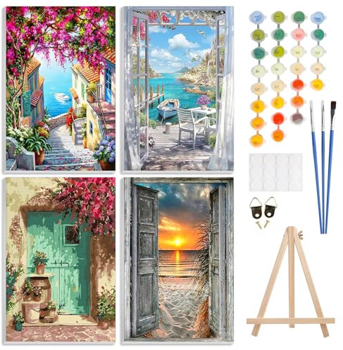 GHHKUD 4 Pièces Peinture par Numéros pour Adulte avec chevalet en bois, DIY Peinture Acrylique pour Adultes Enfants débutants Facile sur Toile 20×30 cm avec peintures et pinceaux, Flower Town