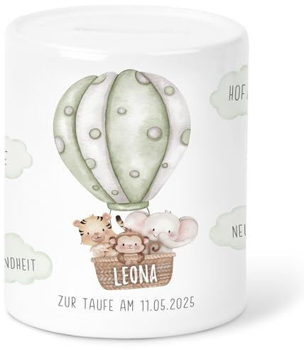 Spardose Taufe Geldgeschenk Verpackung personalisiert Taufgeschenk für Jungen & Mädchen Sparkasse Sparbüchse Sparbox Sparschwein aus Keramik (Grün)