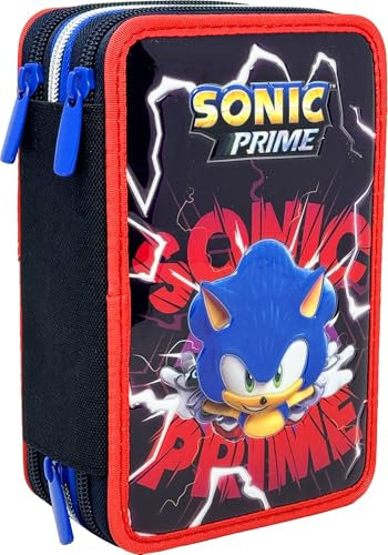 Clondo Estuche Triple Relleno para Niños, para Sonic Seven Fans, 45 Accesorios Escolares, 3 Cremalleras, Compartimentos Organizados, Lápices de Colores, Rotuladores, Tijeras