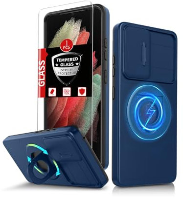 FRLMOOES für Samsung Galaxy S21 Ultra Hülle kompatibel mit MagSafe Magnetisch Kabelloses Laden Schutzhülle S21 Ultra Handyhülle mit Stück Panzerglas,S21Ultra Hülle Ständer & Kameraschutz Stoßfest Blau