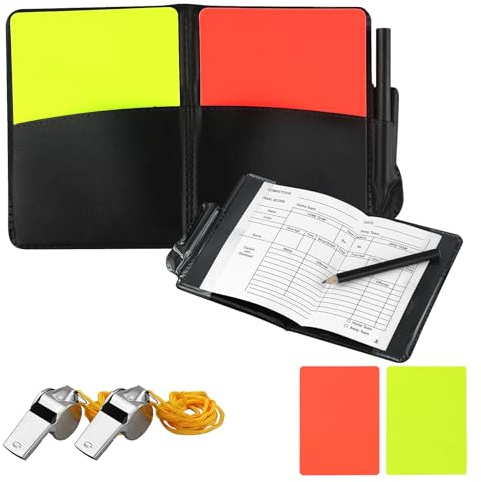 AMANDELIZABE 4 PCS,1 Football Referee Cards Referee Whistle Set,Including Red and Yellow Referee Cards, 2 Stainless Steel Whistles, 1 Black Card Pocket, Containing 5 Match Reports and 1 Pencil