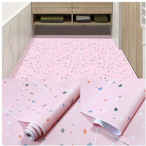 Vinyl-Bodenbelag zum Abziehen und Aufkleben, Flieseneffekt, 60 cm x 5 m, rutschfeste Aufkleber für Badezimmer, Küche, Wohnzimmer, Kies, rosa Bodenbelag
