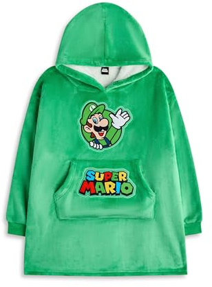 Super Mario Nintendo Tragbare Decke Hoodie für Jungen | Grüner Kapuzenpullover für Kinder mit Luigi Charaktergrafiken | Kinder Loungewear mit Sherpa-Futter und Taschen