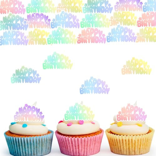 ENLACE 48 Stück Essbare Tortendeko Geburtstag,Happy Birthday Deko Torten Kinder,Kuchen Deko Geburtstag Essbar,Cupcake Topper Happy Birthday Tortendeko für Mädchen Jungen