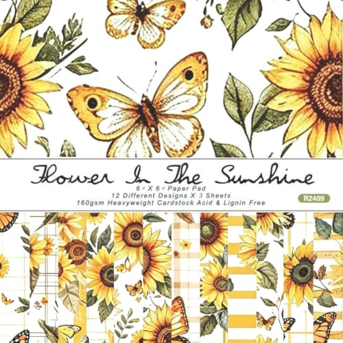 Craspire 24 pièces de Papier de Scrapbooking Tournesol Origami à Fleurs Motifs Floraux 6 × 6 Décoratif pour Journal Bricolage