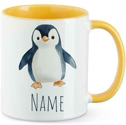GRAZDesign Personalisierte Kinder Tasse mit Pinguin - Gelbe Kaffeebecher mit Namen Keramik 330ml
