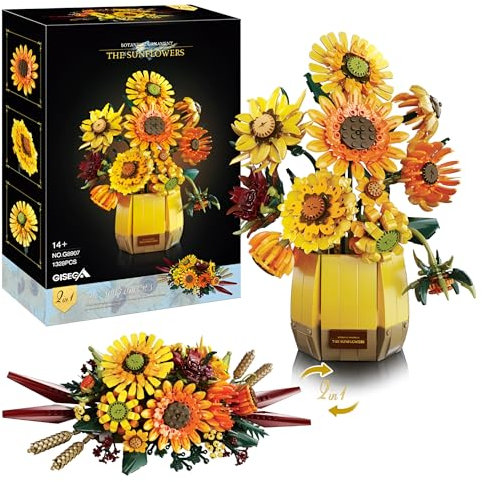 2 in 1 Sunflower Flowers Bouquet Building Block Set with Vase — 1328PCS Botanical Collection Bricks Kit, Artificial Flowers for Home Decor, Gift for Women Birthday, Mother's Day
