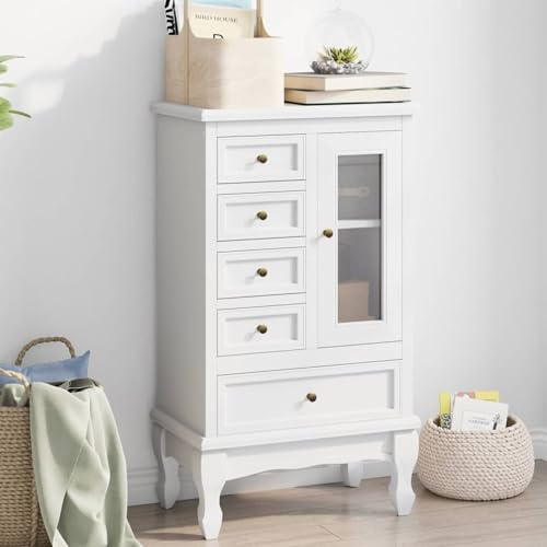 Gecheer Schrank mit 5 Schubladen 2 Fächer Weiß Weißer Beistellschrank Antik-Look Organizer Büro Wohnzimmer Schlafzimmer Flur Acryl-Tür MDF Kiefernholz Langlebigkeit