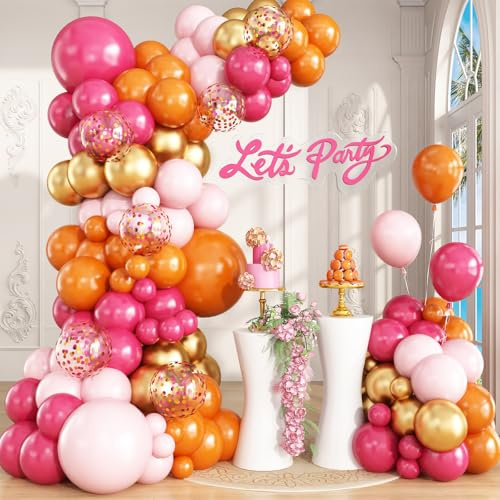 Kit d'arche de ballons rose, orange, doré, guirlande de ballons confettis rose vif orange pour anniversaire, fête prénatale, mariage, enterrement de vie de jeune fille