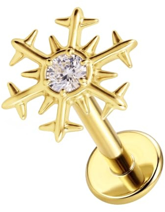 AZARIO LONDON Labret-Piercing, Schneeflocken mit Zirkonia-Steinen, Innengewinde, G23-Titan, Lippenpiercing, Tragus-Piercing, Labret-Piercing, Helix, Tragus-Ohrring