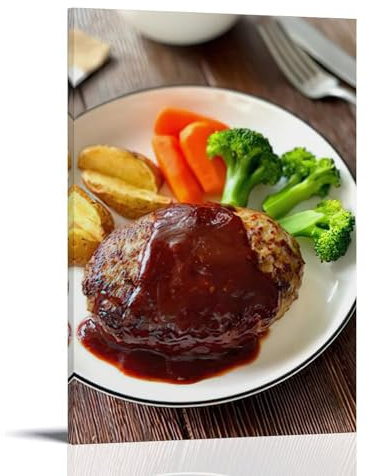 ZBBZJYHH Food Poster Featuring Meats And Potatoes on Plate, Served with Barbecue Sauce Modern Artistic Wall Mural Hanging Decor Poster16x24inch(40x60cm)