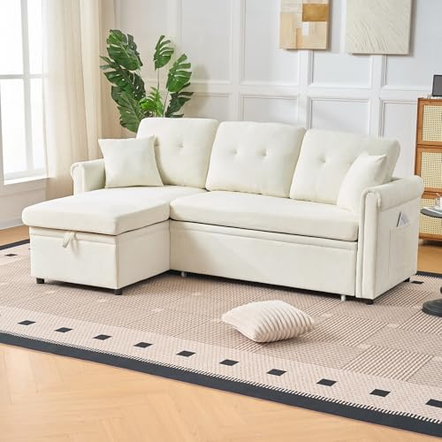 Merax Sofa Ecksofa mit Schlaffunktion, Praktisches Schlafsofa mit Bettkasten, L-Form Schlafcouch mit Stauraum&Seitentaschen, Links und Rechts austauschbar, Chenille, für Wohnzimmer/Schlafzimmer, Beige
