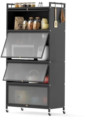 GOPLUS Armoire Cuisine à 5 Niveaux avec Roues Pivotantes Mobile/Tapis de Pieds, 80x40x162 CM, Buffet Haut Cuisine pour Micro Onde, 4 Crochet, Porte Rabattable, Barre de Sécurité, pour Salle à Manger