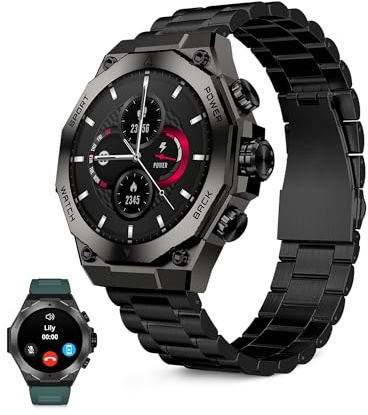 KSIX Smartwatch Titanium Go - Reloj Inteligente Hombre Pantalla AMOLED 1.43, Diseño Cronógrafo, Llamadas, IP67, Compatible con iPhone® y Android®, 2 Correas Acero Negra y Silicona Verde