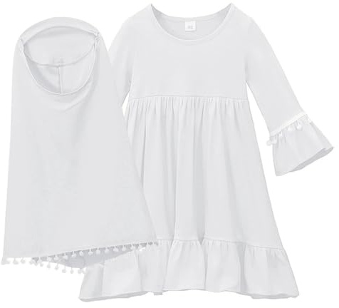 Gebet Kleid Langarm Muslimisches Kleid für Mädchen Gebetskleidung Burka Länge Robe mit Hijab Baby Kinder Ramadanrobe Rüsche Maxikleid Arabisch Islamische Robe Set mit Kleine Balldekor