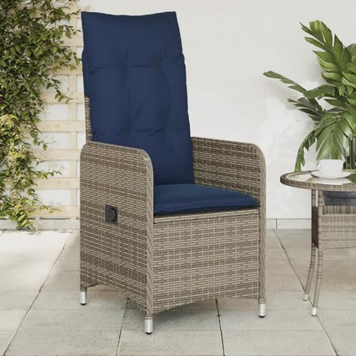 HFXHIJXQ Gartensessel Verstellbar Grau Poly Rattan mit Marineblauen Kissen 54,5x58,5x92 cm Liegestuhl Outdoor für Terrasse Balkon und Wintergarten