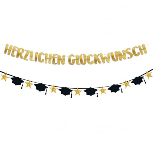 Catelves Herzlichen Glückwunsch Girlande, Schwarze Abschlusshut-Girlande, Goldene Buchstaben Banner, Abitur 2026 Deko, Abschlussdeko, Prüfung bestanden, Bachelor Deko, Schulabschluss