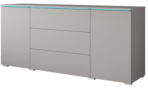 MINIO go for it - Kommode Veve Sideboard 150 cm Breit mit LED | mit Schubladen und Türen, Wohnzimmer Schlafzimmer, Grau matt, mit LED-Beleuchtung
