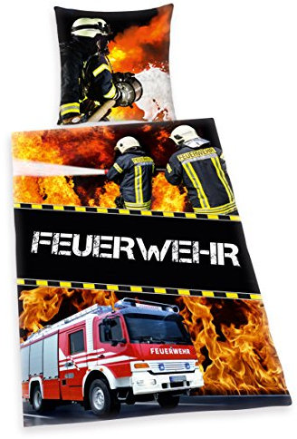 Herding Young Collection Bettwäsche-Set, Feuerwehr Wendemotiv, Bettbezug 135 x 200 cm, Kopfkissenbezug 80 x 80 cm, Baumwolle/Renforcé, Bunt