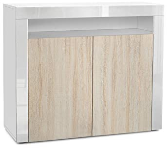 Vladon Kommode Valencia, Made in Germany, Sideboard mit 2 Türen und 1 offenem Fach, Weiß matt/Eiche sägerau/Weiß Hochglanz (108 x 92 x 40 cm)