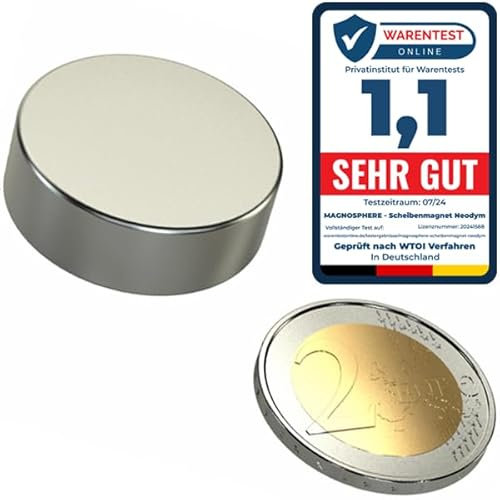 Scheibenmagnet Neodym Magnet-Scheibe Extra Stark - Haftkraft bis 750kg - Starke Rundmagnete - Runde NdFeB Magnete, Größe: Ø 30x10 mm | 22kg Haftkraft