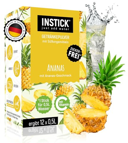 INSTICK Zuckerfreies Instant-Getränk (Ananas) - 1 Packung für 12 x 0,5-1 L - Veganes Getränkepulver Kalorienarm & Vitamin C - Instant-Pulver